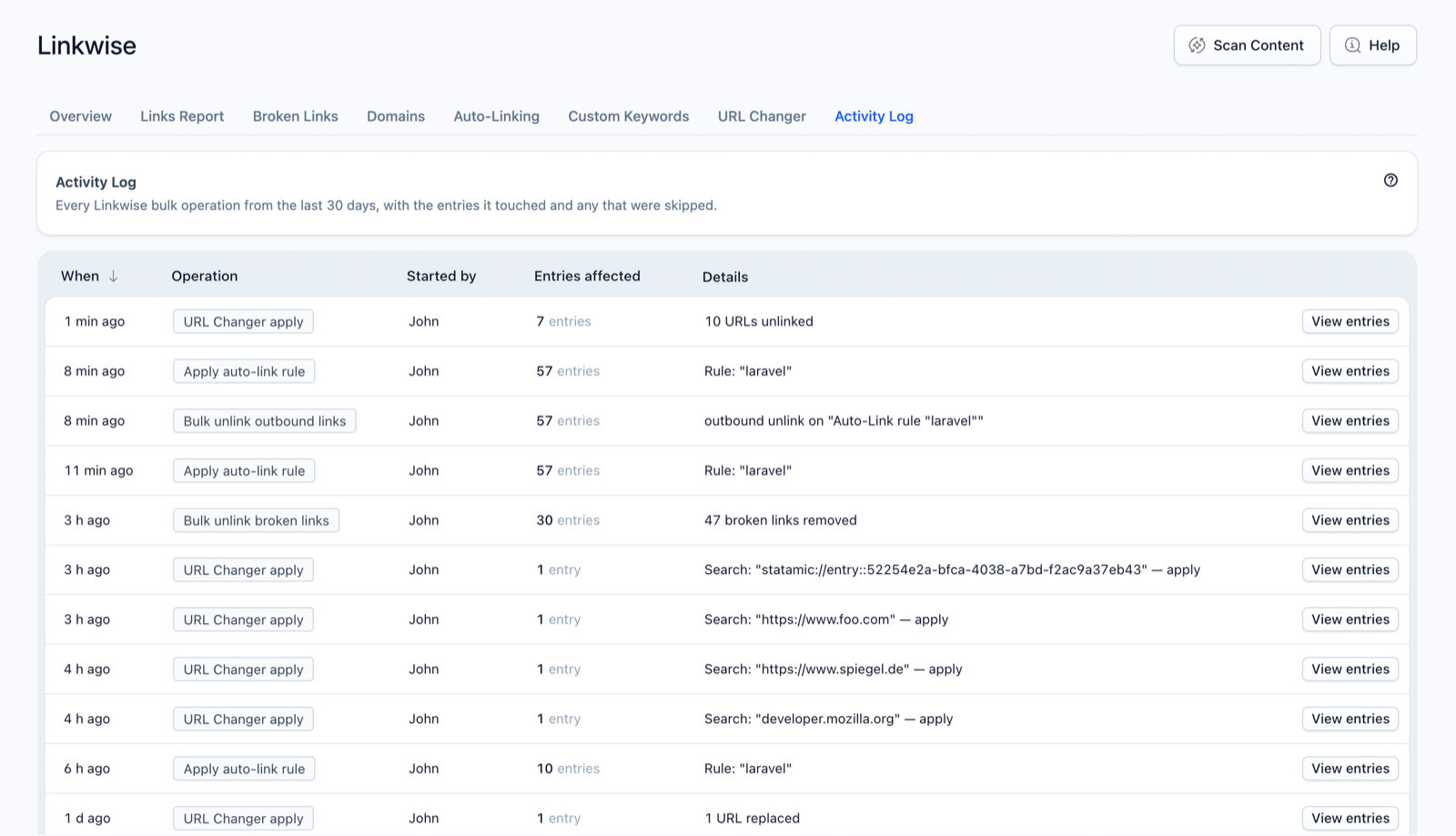 The Activity Log — a record of every bulk operation