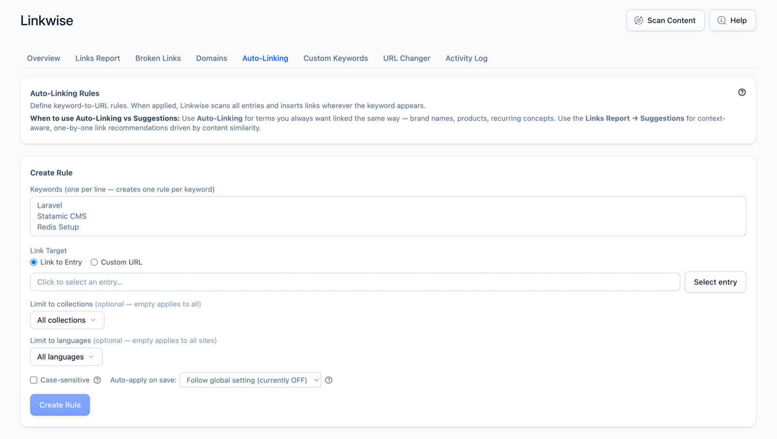 Creating an auto-link rule — keyword, target, scope, and apply-on-save options