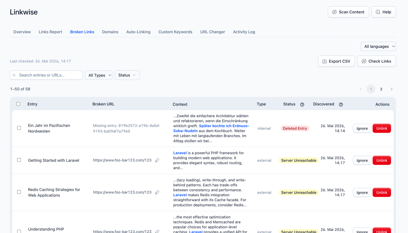 The Broken Links report with inline replace, ignore, and unlink actions