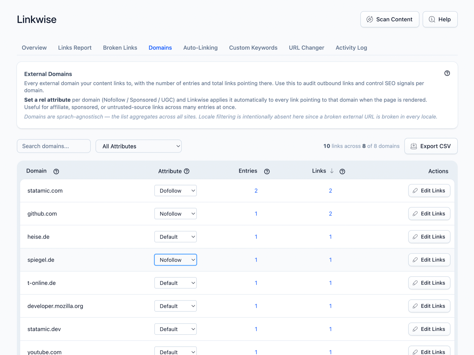 The Domains tab — set a rel attribute once per external domain