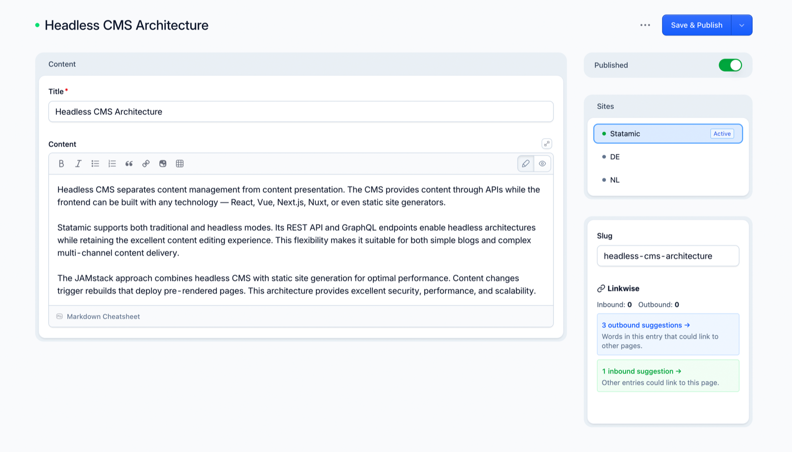 Suggestion counts also surface in the entry editor's Linkwise panel