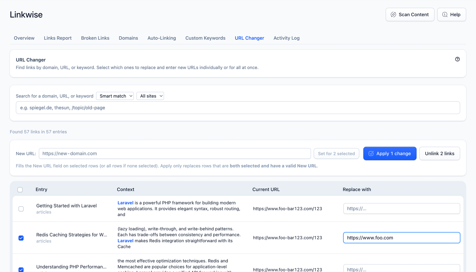 The URL Changer showing a preview of every affected link before applying